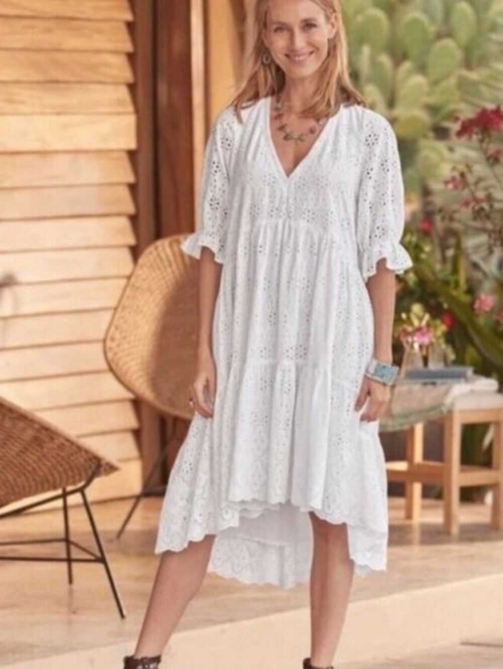 Sundance White Eyelet Tiered Midi Dress with Long Sleeves